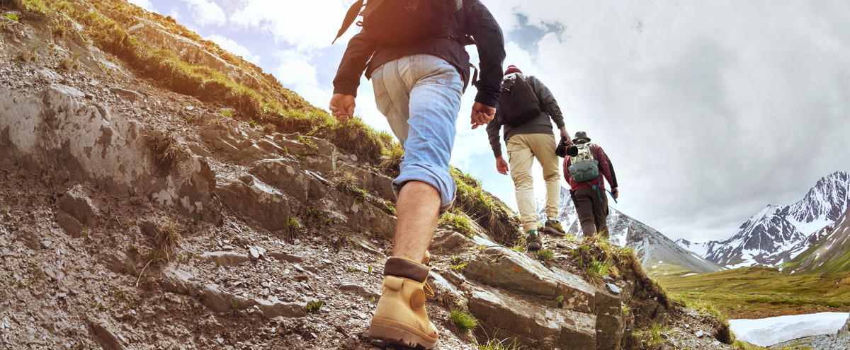 Hikers walking up a hill.